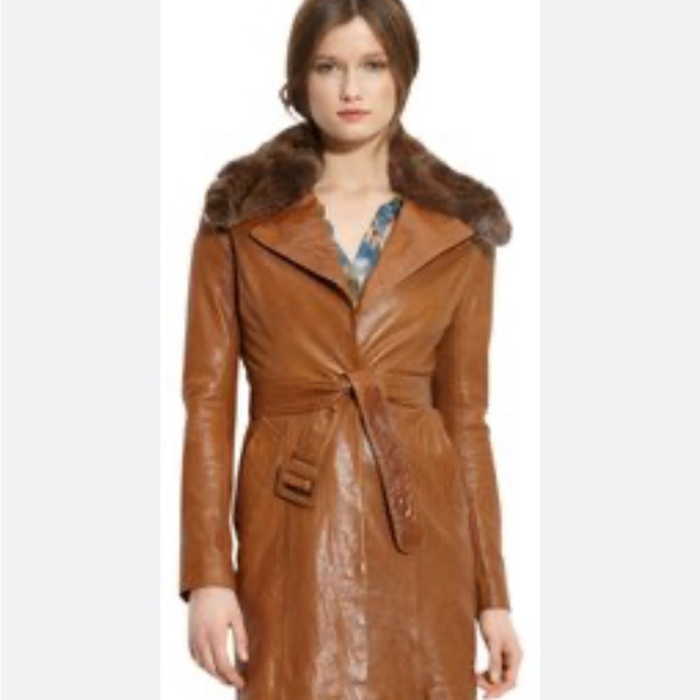 June genuine leather belted trench coat with rabbit fur trim